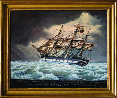 caption: Oil painting on canvas depicting famed Jewish naval captain Jonas P. Levy’s ship, the USS America, during the Mexican-American War. The lower part of painting contains two lines of text:  “Transport the America under Capt. J. P. Levy off the coast of Vera Cruz on way to N.O.”  This painting, by James Guy Evans, hung at Monticello during its ownership by Jefferson Levy, 1847.