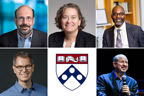 caption: (Clockwise from top left) Mark G. Allen, Sara Cherry, John L. Jackson, Jr., Michael E. Mann, and Duncan J. Watts. Images courtesy of Penn Engineering; Penn Medicine; Eric Sucar; Julian Meehan; and Annenberg School for Communication.