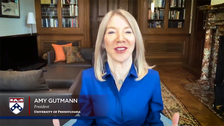 caption: Penn President Amy Gutmann welcomed the Class of 2020 and visitors from around the world to this unique online Commencement celebration. 
