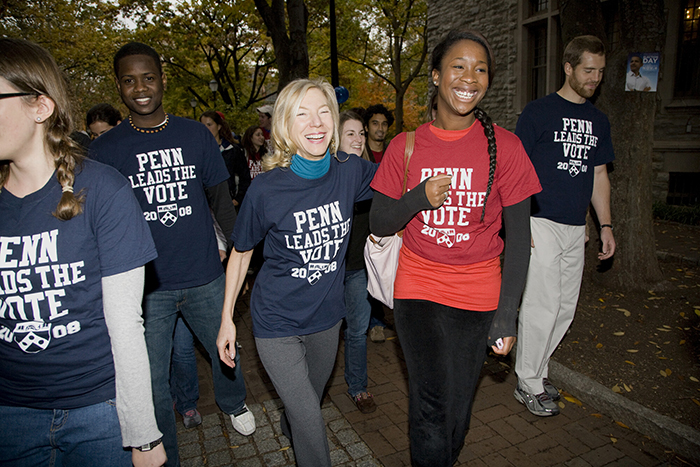 caption: Dr. Amy Gutmann with students at a Penn Leads the Vote event in 2008.