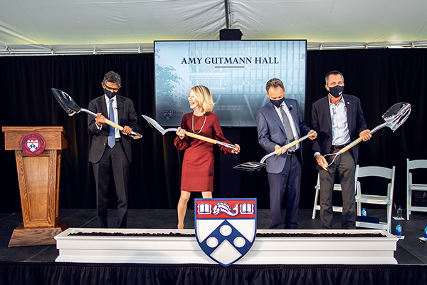 caption: School of Engineering and Applied Science Dean Vijay Kumar, President Amy Gut mann, Trustee and naming donor Harlan M. Stone, and Penn Engineering Board Chair Rob Stavis at the October 1, 2021 groundbreaking for Amy Gutmann Hall to be located on the northeast corner of 34th and Chestnut Streets.