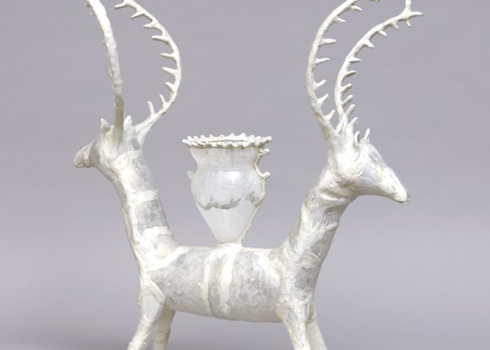 caption: Shari Mendelson, Double Deer with Cup, 2019; Repurposed plastic, hot glue, resin, acrylic polymer, mica; Photo by Alan Weiner