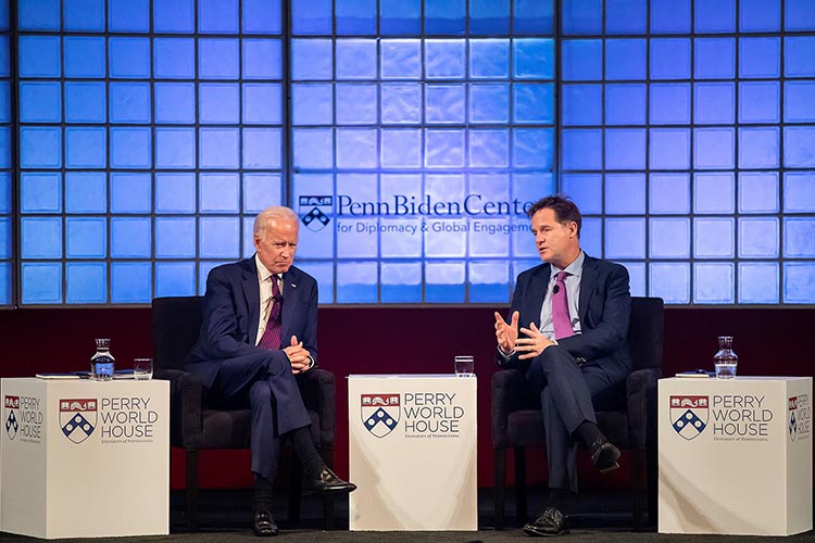 caption: The Penn Biden Leaders Dialogue on September 25 at Irvine Auditorium featured 47th Vice President Joe Biden (left) in an hour-long conversation with Nicholas Clegg, the former UK deputy prime minister (right).