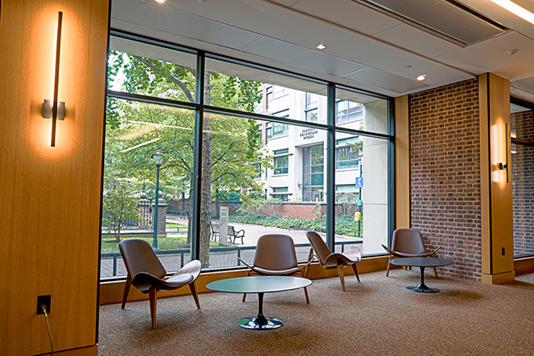 caption: Study alcoves in the Biotech Commons offer natural light  and views of Hamilton Walk. Photo Courtesy Penn Libraries