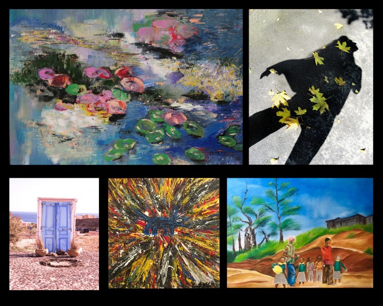 caption: (top row, l-r) Lily Pond by I.-Uen Wang Hwang; Uman by Nadine Epstein. (bottom, l-r) Greece Door by Allison Weiss Brady, Dog 1.1 by Ken Wilan, and Yellow Balloon by Cecelela Tomi.