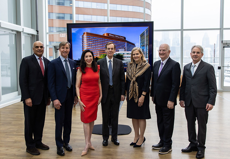 caption: Left to Right: Penn Medicine Board Chair Dhan Pai; Interim Penn President J. Larry Jameson; donors Catherine and Anthony Clifton; Hospital of the University of Pennsylvania CEO Regina Cunningham; University of Pennsylvania Health System CEO Kevin B. Mahoney; and Interim EVP of the University for the Health System and Perelman School of Medicine Dean Jonathan A. Epstein.