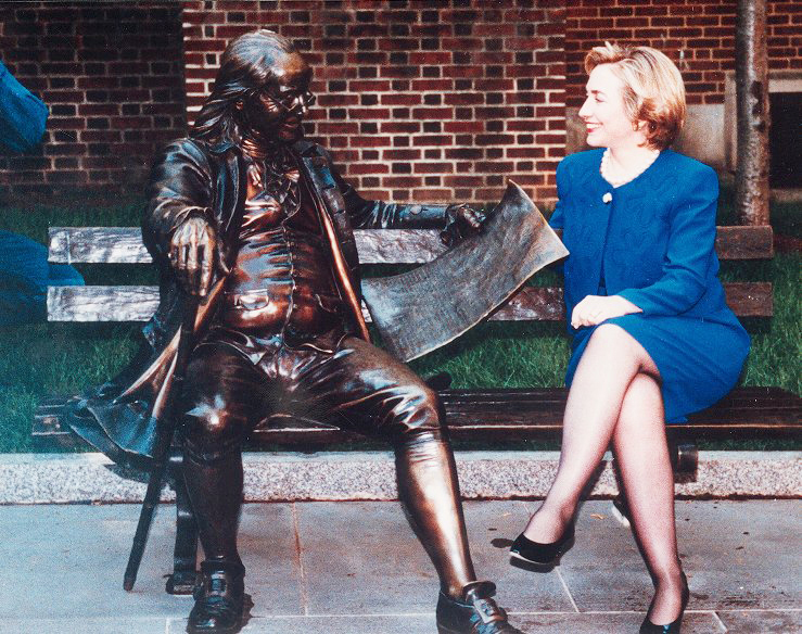 caption: 2016 Democratic Presidential candidate Hillary Clinton is shown with Ben on the Bench in 1993 when she was First Lady.
