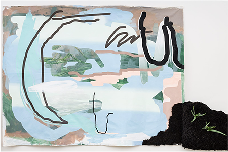 caption: Deborah Anzinger, An Unlikely birth, 2018, Acrylic, mirror, and synthetic hair on canvas and polystyrene 80 X 131 inches.