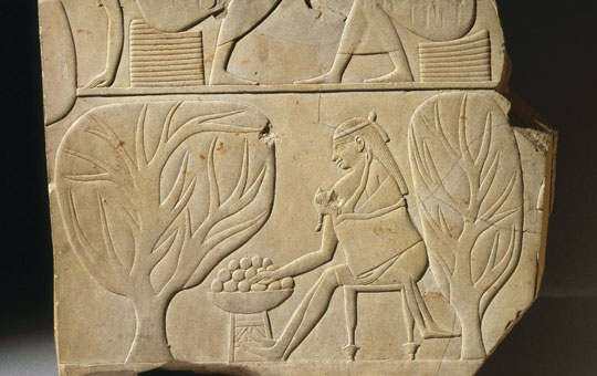 caption: Tomb relief fragment from Ancient Egypt. The Real Housewives of Ancient Egypt is a Deep Dig course at Penn Museum.