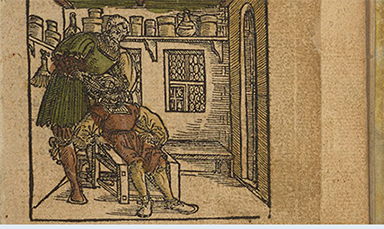 caption: Woodcut of tooth extraction from title page of Artzney Buchlein (Leipzig, 1530), the world’s oldest dental book. It is part of the Dental Medicine Library’s collection.