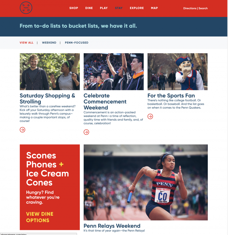 caption: The interactive site lets visitors and community members select options to fulfill bucket lists and to-do lists at dozens of retailers and eateries. The site also includes information about special events like Penn Relays as well as transportation services and parking locations near Penn’s campus.