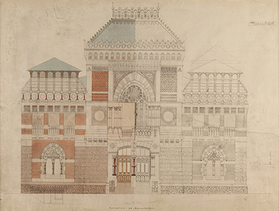 caption: One of the nineteenth century works in the exhibition at the Arthur Ross Gallery: Frank Furness (1839-1912) and George Wattson Hewitt (1841-1916) [Elevation on Broad Street], 1873-1876. Black ink, watercolor wash and pencil on white paper on mount; the Pennsylvania Academy of the Fine Arts, Philadelphia, PA