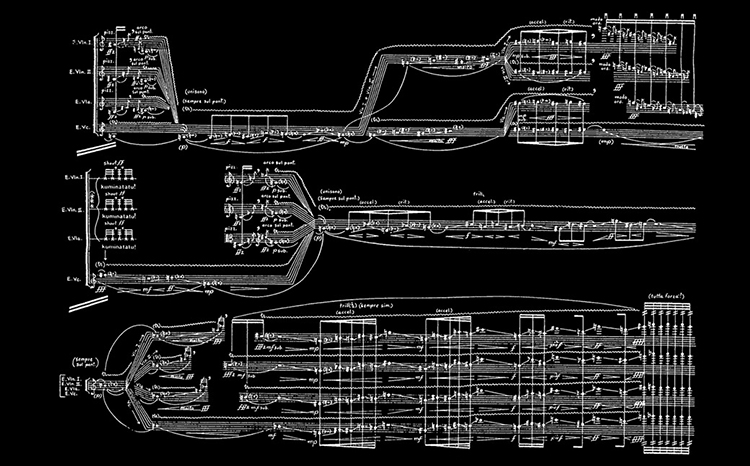 caption: Stylized rendition of George Crumb's score for Black Angels based on score from Black Angels. Images courtesy of Bowerbird.
