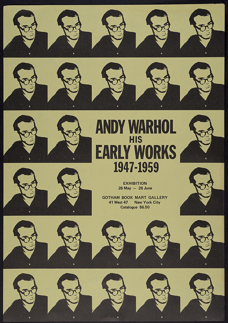 caption: A vintage poster for an Andy Warhol exhibit at the Gotham.