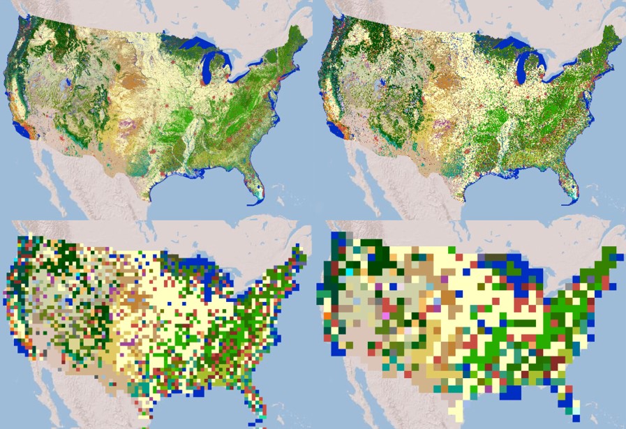 caption: These four maps here show the effect of grid size on data visibility. Image Courtesy Chad Hill.