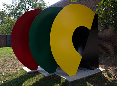 caption: Life Savers by Billie Lawless was given by art patrons Philip and Muriel Berman. The 8 x 7.5 x 10 foot statue is constructed of painted steel. Created in 1982, the statue is located at the entrance to the Veterinary Hospital at 39th Street near Spruce Street.