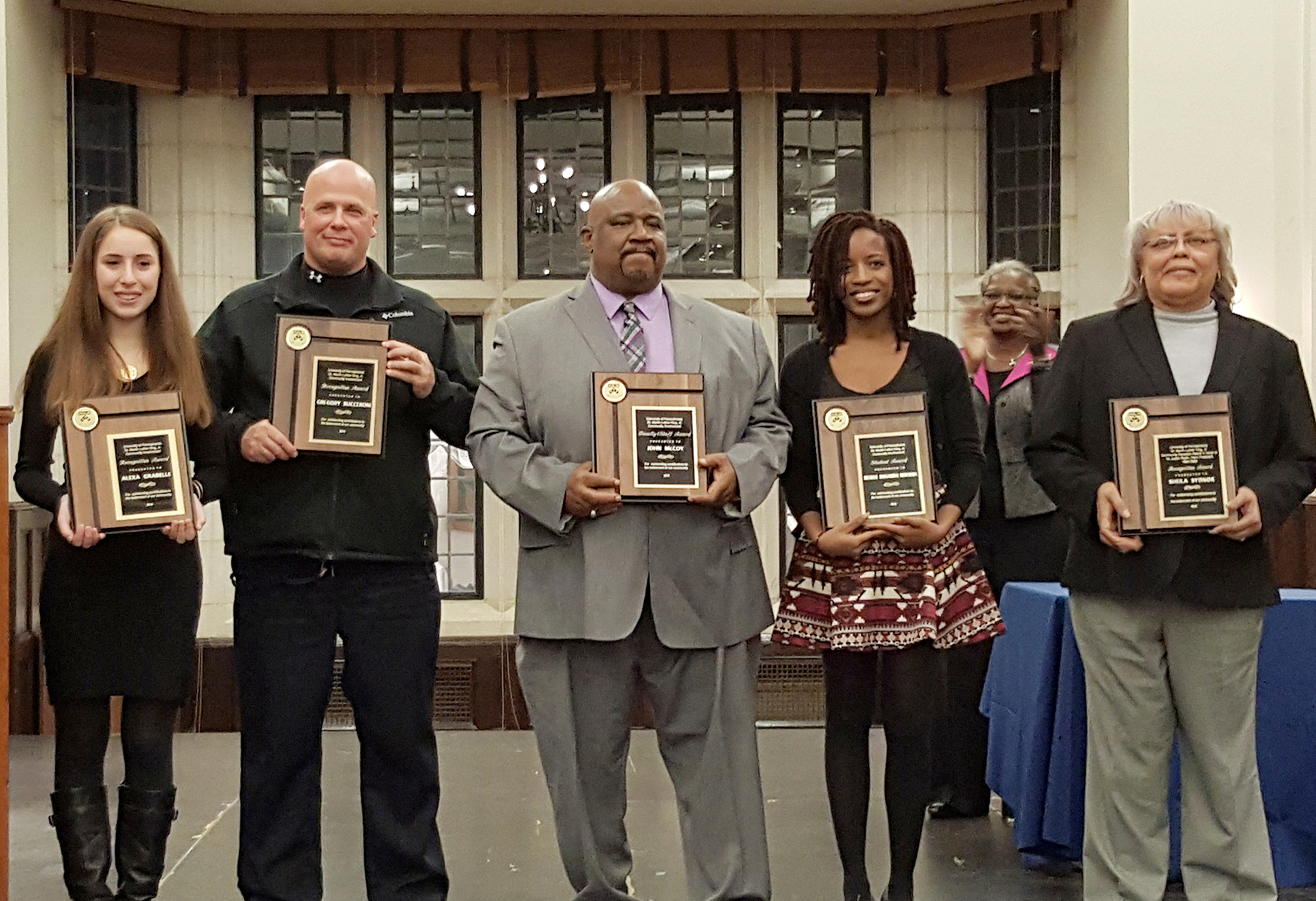 caption: From left to right: the five recipients of the 2016 awards: Alexa Grabelle, Gregory Bucceroni, John McCoy, Michelle Rungamirai Munyikwa and Sheila A. Sydnor.