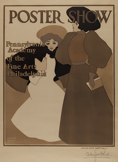 caption: Maxfield Parrish (1870-1966). Poster for PAFA Poster Show, 1896. Woodcut on linen backed paper; Pennsylvania Academy of the Fine Arts, Philadelphia, PA. Purchased through the gift of Dr. Edgar P. Richardson to the Leo Asbell Fund.