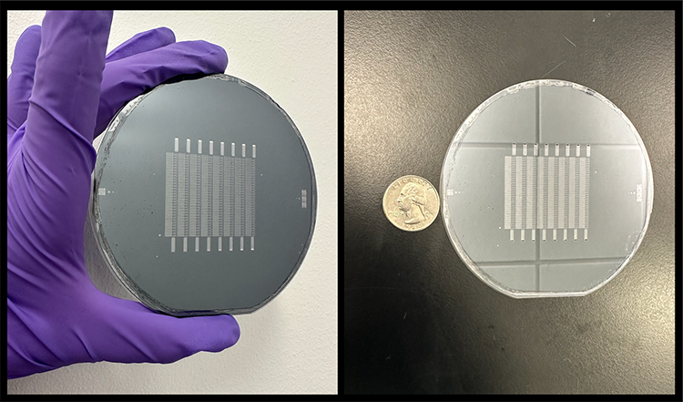 caption: Penn researchers developed a scalable microfluidics platform that could transform RNA therapeutic and vaccine production. This SCALAR 256x chip is fabricated on a single 4-inch silicon wafer. Photo courtesy of Sarah J. Shepherd.