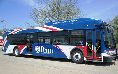 caption: Now, all the Penn buses, along with the various shuttles, feature this design to make it easier to identify the Penn Transit vehicles.