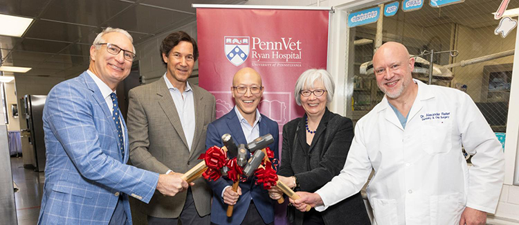 caption: Dean Andrew Hoffman, Richard Lichter, Anson Tsugawa, V’98, Nadine Chien, and Alexander Reiter at the groundbreaking for the Richard Lichter Advanced Dentistry and Oral Surgery Suite.