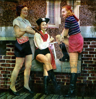 caption: Ready for the Pirate’s Ball, Penn women in pirate costumes, November 5, 1939 (left to right): Beverly Coffman, M. Bernice Leftwich and Elizabeth Simmons Hill.
