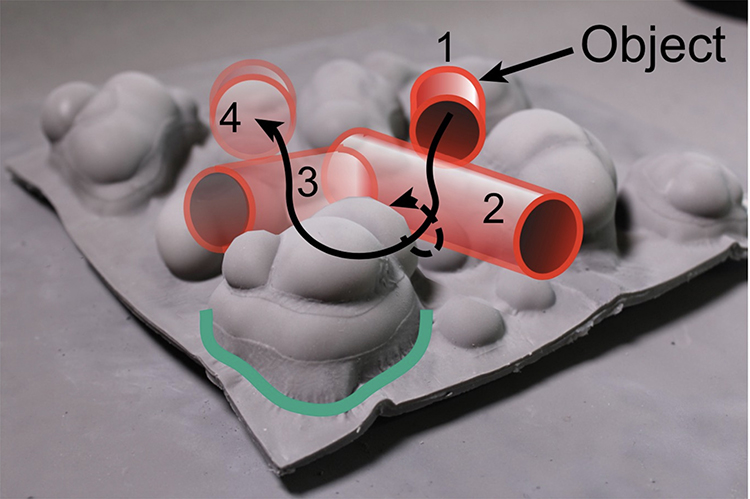 caption: Using a series of inflatable protuberances, a flat sheet of stretchy silicone can morph into predetermined 3D shapes, gently lifting and manipulating objects on top of it.