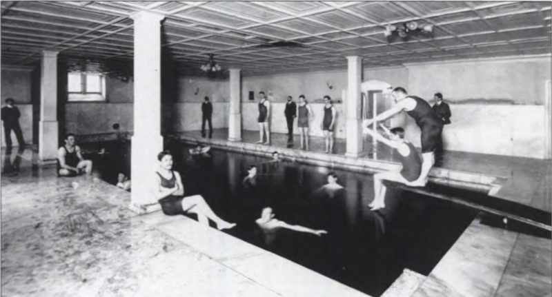caption: In 1896, Penn became the first American college to make a swimming pool available to its students.  The  10 foot x 30 foot pool was located in the basement of Houston Hall.
