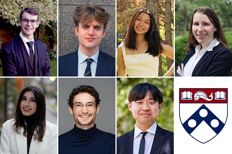 caption: Penn’s 2025 Thouron Scholars are (left to right): (top) Benjamin Cohen, Alexander Gerlach, Joy Gong, and Sarah Hinkel; (bottom) Sophie Kadan, Benjamin May, and Joey Wu.