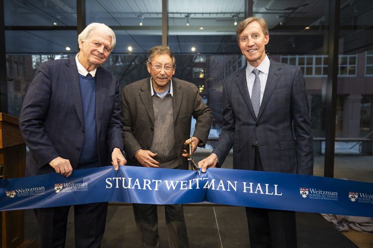 caption: Weitzman School dean Fritz Steiner, alumnus and donor Stuart Weitzman, W’63, and Penn President J. Larry Jameson at the February 5, 2026 ribbon-cutting for Stuart Weitzman Hall.