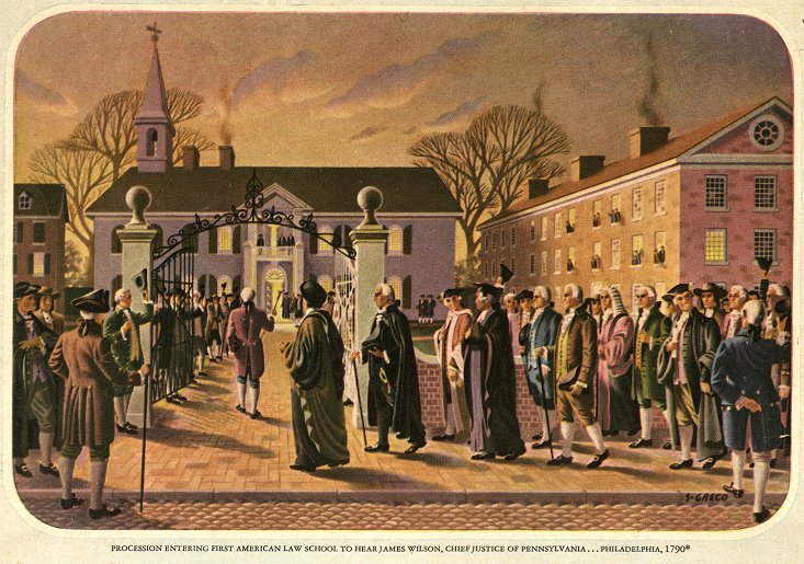 caption: A procession enters Penn’s first campus, located at 4th and Arch Streets. This is the Penn campus that existed during Benjamin Franklin’s lifetime.