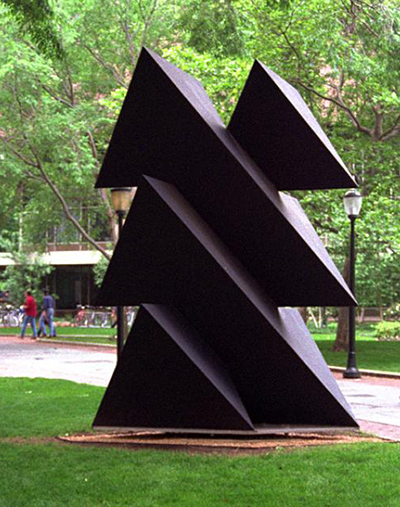 caption: Polyhedron Forms (Black Forest) by Robinson Fredenthal was given by Philip and Muriel Berman. It is 11 x 4 x 8 square feet of painted 3/16’ plate steel, built in 1977 and installed at Blanche Levy Park near Meyerson Hall.