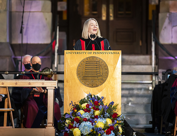caption: Penn President Amy Gutmann addresses Penn’s incoming Class of 2025. Photo by Eric Sucar.