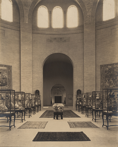 caption: Interior of the Harrison Rotunda, featuring the opening exhibition, in a photo by Charles Sheeler, a famous painter-photographer