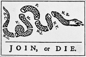 caption: “Join, or Die”, published in 1754 by Benjamin Franklin in The Pennsylvania Gazette, was the first political cartoon published in America.