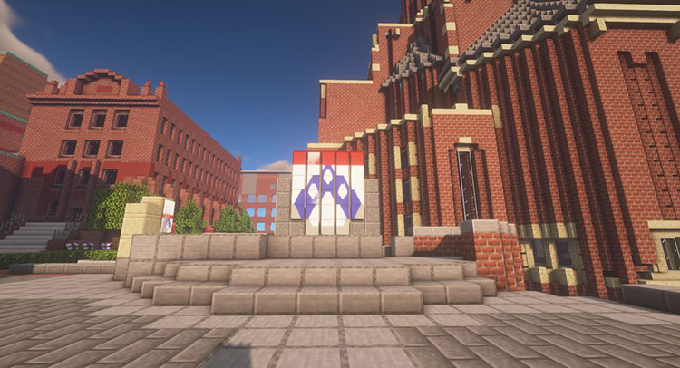 caption: This view of the Minecraft recreation of Penn Commons in the Perelman Quadrangle shows the Minecraft campus’s depth of landscaping detail.