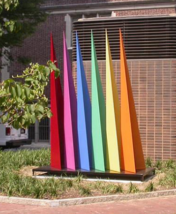 caption: Six Triangles by Ephraim Peleg was a gift from Philip and Muriel Berman of Allentown, Pennsylvania. Made in 1979, the red, purple, blue, green, yellow and orange painted steel sculpture rises 12 feet into the air and is in the Claire M. Fagin Hall west courtyard at Penn’s School of Nursing.