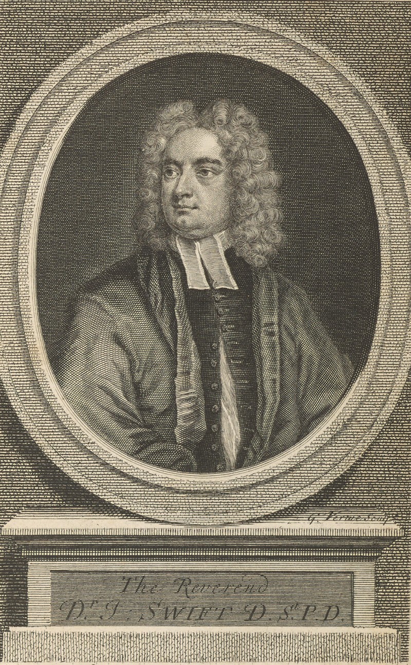 caption: Frontispiece portrait of Jonathan Swift, Dublin, George Faulkner, 1735. Teerink Collection, Kislak Center.