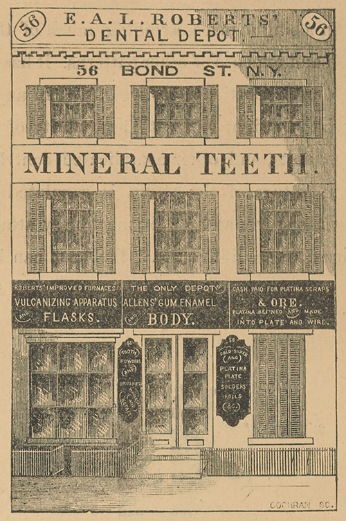 caption: (Above) Advertisement for mineral teeth,  56 Bond St New York, from Brown’s quarterly dental expositor (New York, July 1859).