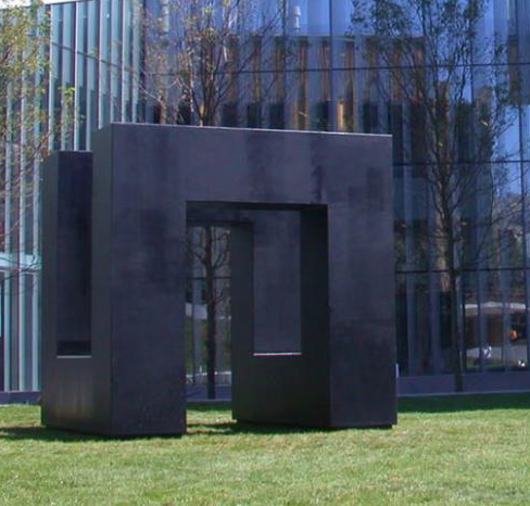 caption: We Lost by Anthony Smith was built in 1966. The 11 x 11 foot painted-steel sculpture was first installed at College Green in 1975, but was removed in 1999 for conservation purposes and hidden for 12 years. In 2013 it was relocated to the Singh Center for Nanotechnology on Walnut Street.