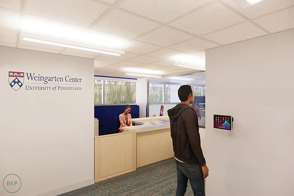 caption: Architectural rendering of the entrance to the testing center, which will be located in the Biotech Commons building.